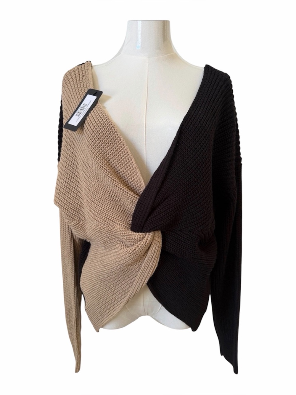 Twist-Front Or Back Two-Tone V-Neck Sweater in Black and Tan Size M